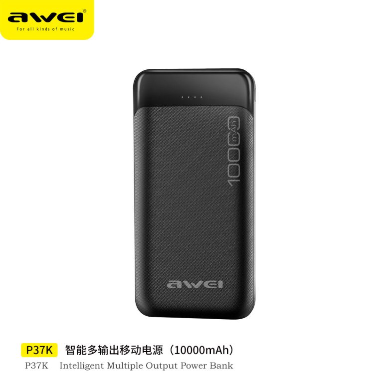 Awei P37K 10000mAh Fast Charging Power Bank- Black Color
